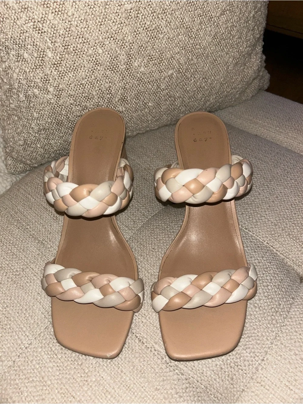 A New Day Tan and White Braided Block Heel Sandals - Picture 3 of 5